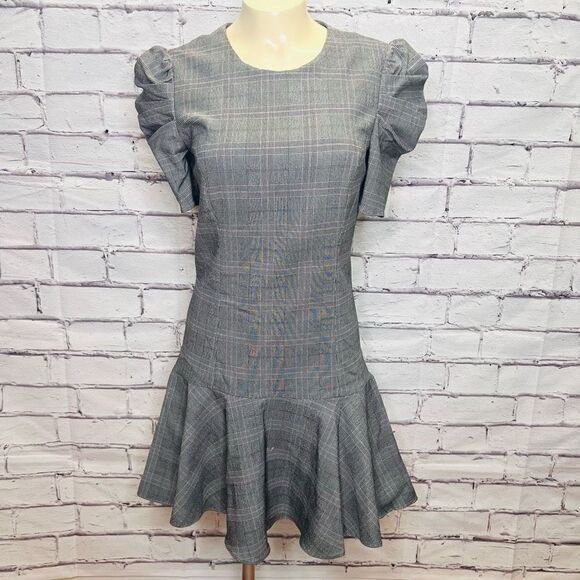 Amanda Uprichard Womens Gray Plaid Short Ruffle Sleeve Crew Neck Mini Dress Smal - Picture 1 of 10